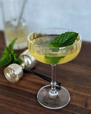 Fernwood cocktail on bar in front of bar tools and spearmint